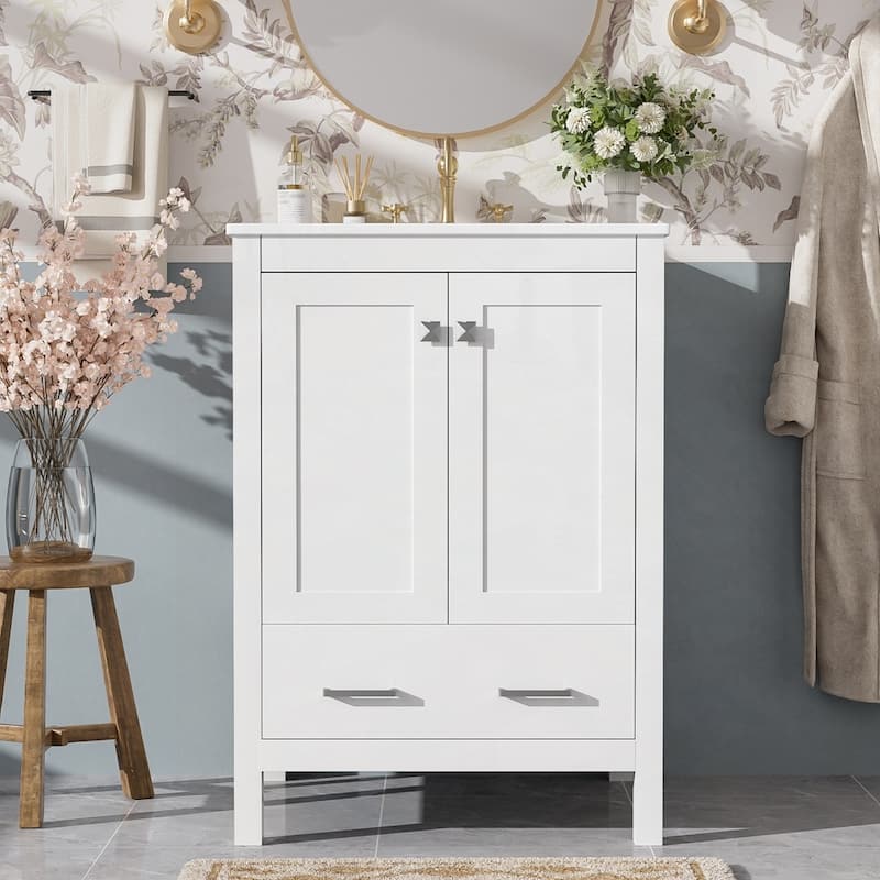 bathroom vanity with integrated undermount basin and a storage cabinet featuring 2 doors and 1 drawer - White