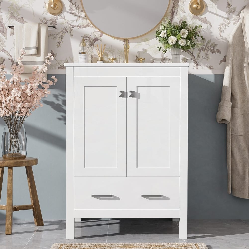 bathroom vanity with integrated undermount basin and a storage cabinet featuring 2 doors and 1 drawer