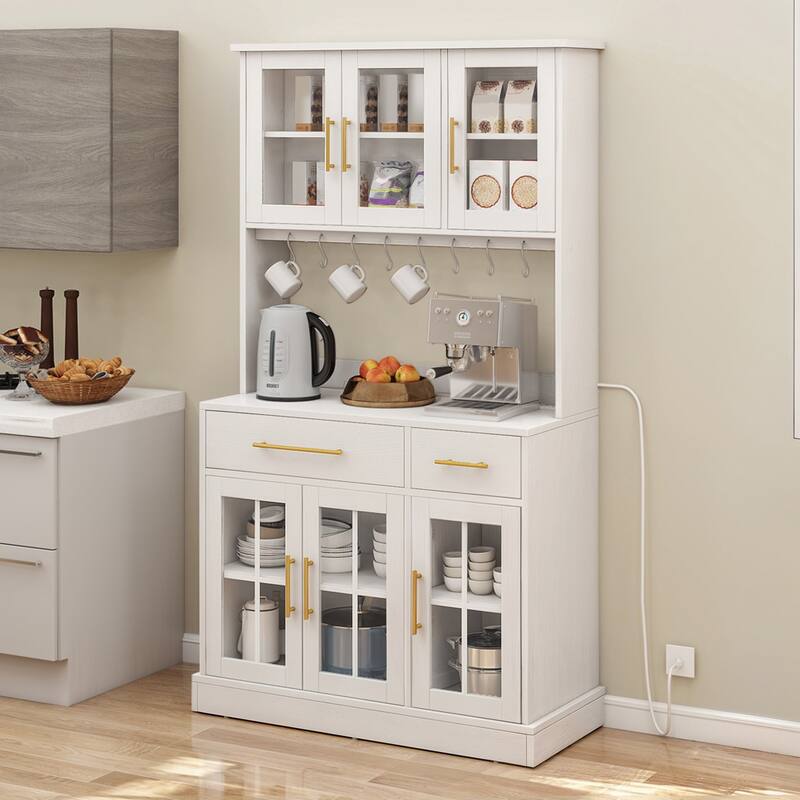 71" Tall Kitchen Pantry Hutch Storage Cabinet with Power Outlet,Freestanding Cupboard Storage Buffet with Drawers & Glass Doors
