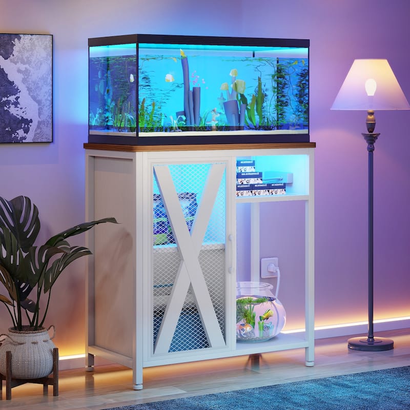 LED Aquarium Stand with Storage Cabinet and Power Outlets - White - Small
