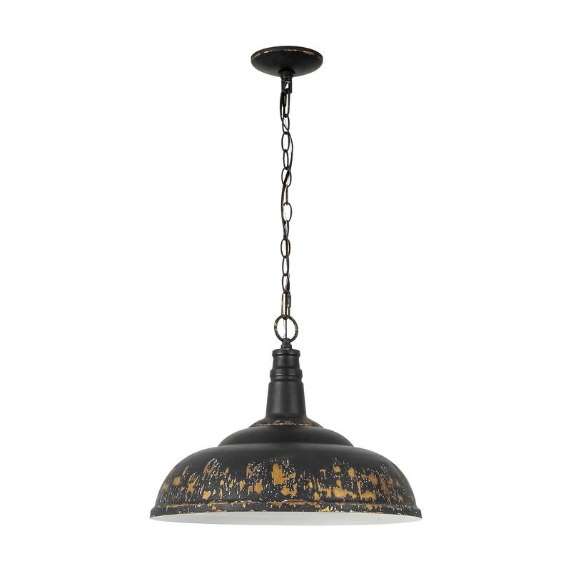 17.7" 1-Light Farmhouse Industrial Black and Gold Distressed Metal Dome Pendant Light with Adjustable Chain