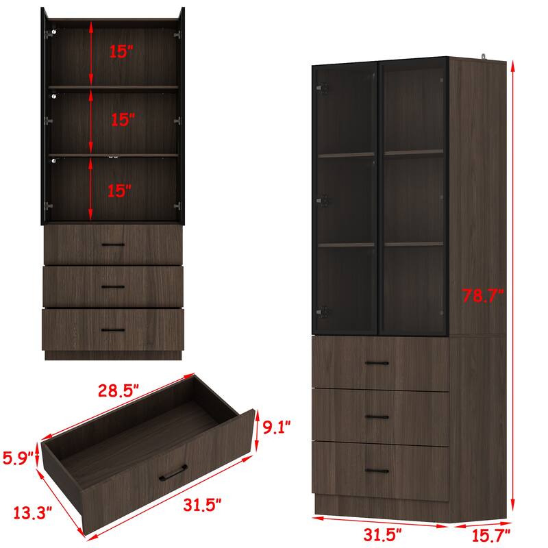 Bookshelves Bookcase Modular Glass Display Cabinet with LED Lights, Dark Wood Storage Combination Cabinet System