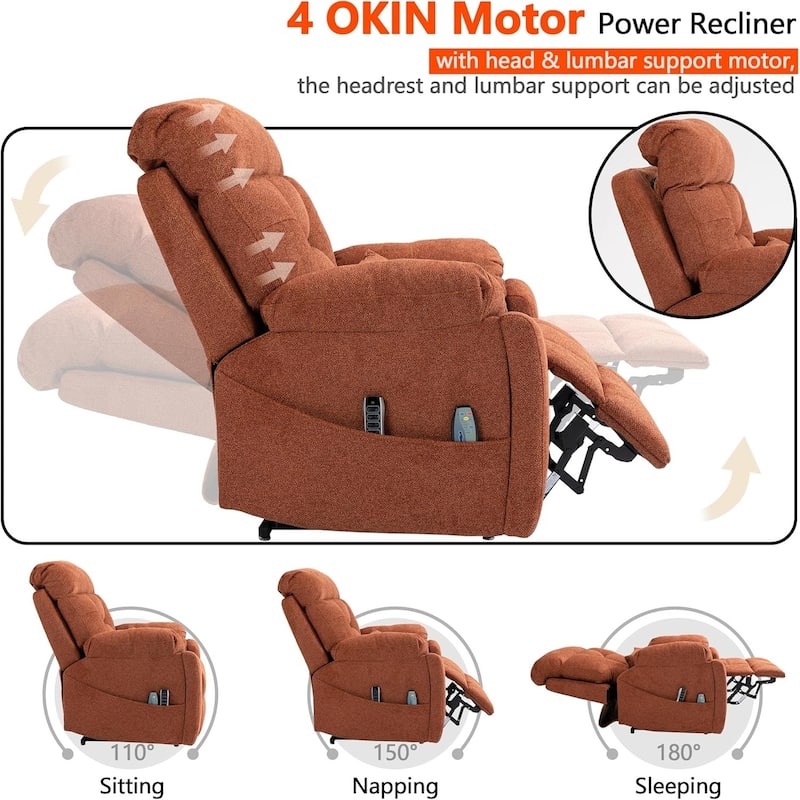 Luxury Electric Lift Recliner with Heat, Massage, 180° Recline, 4 OKIN Motors, Dual Remotes, and Cup Holders.