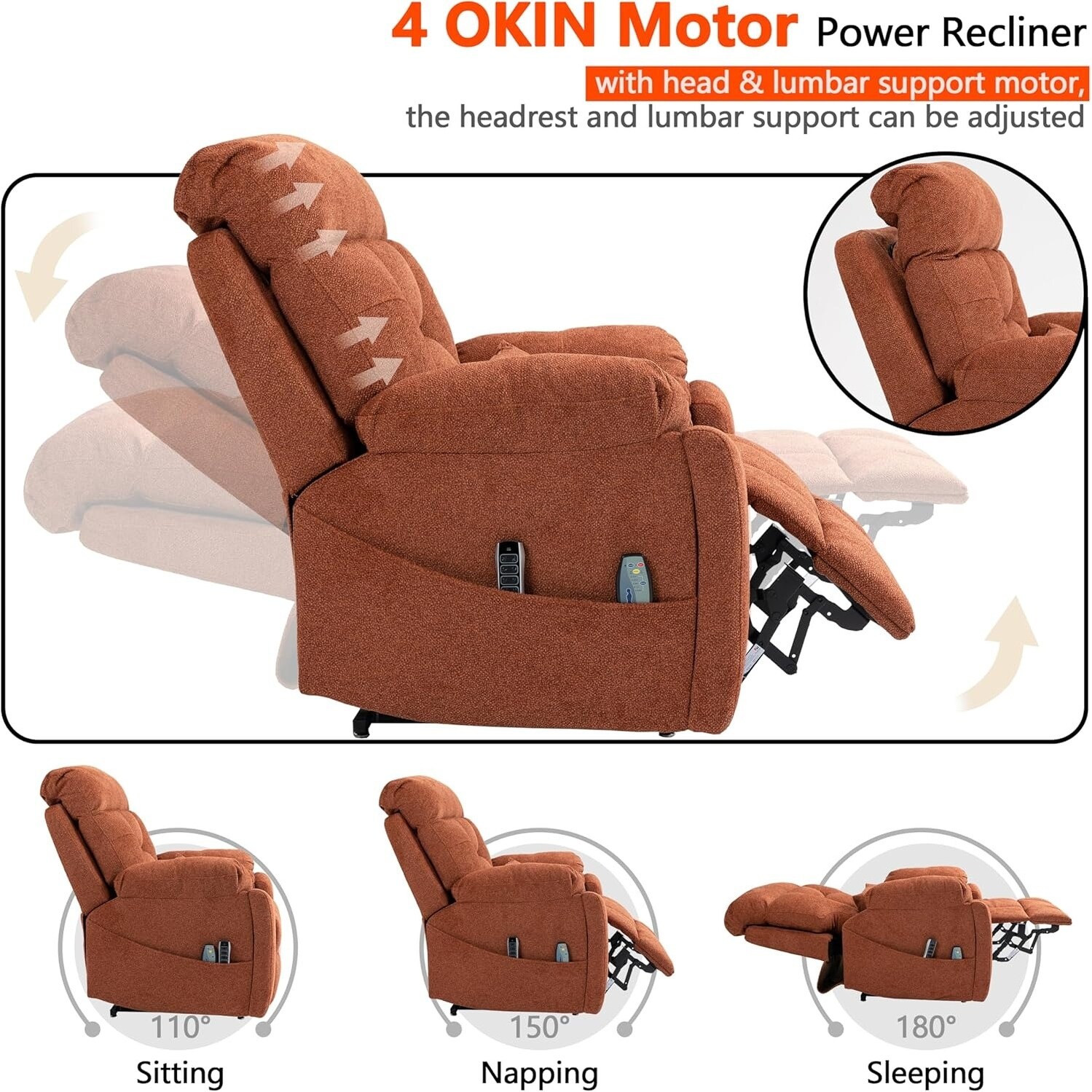 Luxury Electric Lift Recliner with Heat, Massage, 180° Recline, 4