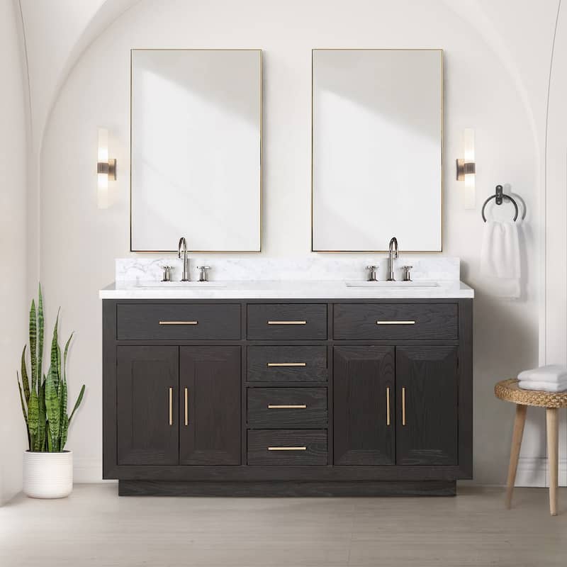 Lexora Abbey Bath Vanity, Carrara Marble Top, Faucet Set, and Mirror - 60 Inch - Brown Oak