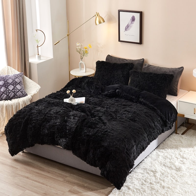 Shaggy Duvet Cover - Black - Twin