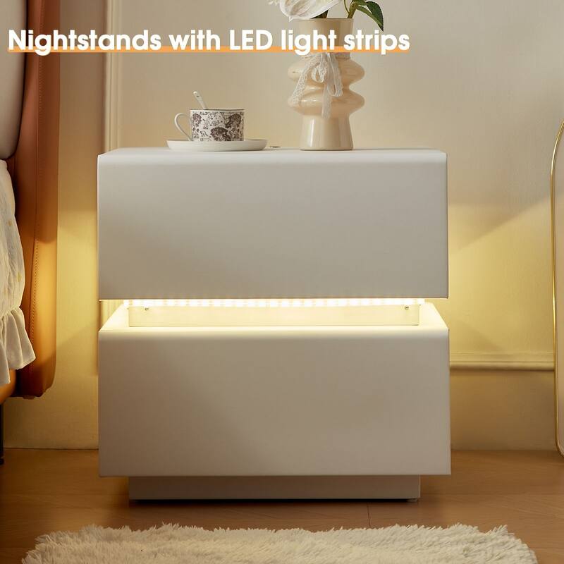 LED Light Bar Nightstand, 2 Drawer Modern Leather Wrapped Nightstand for End of Bed, Side Table, No Assembly Required - White