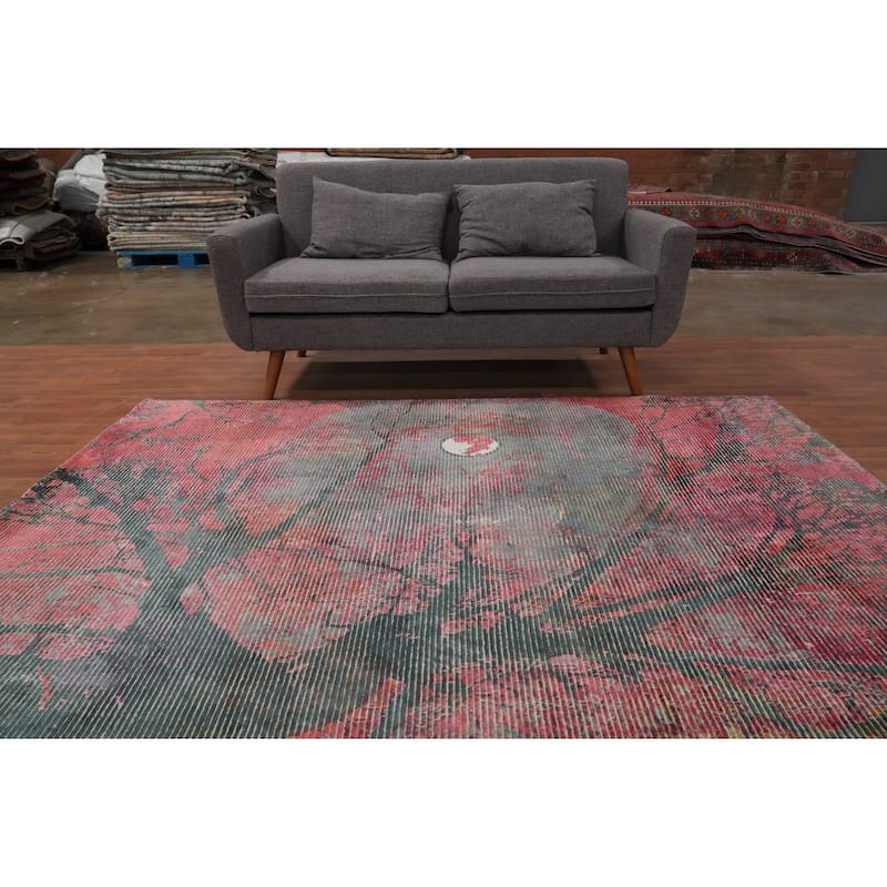 Hand Knotted Oriental Viscose Silk Carpet Modern Pictorial Pink Abstract Area Rug - 7' 7'' X 5' 6''