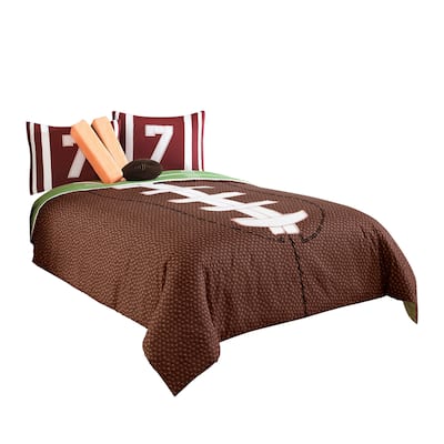5 Piece Twin Comforter Set with Football Field Print, Brown and Green