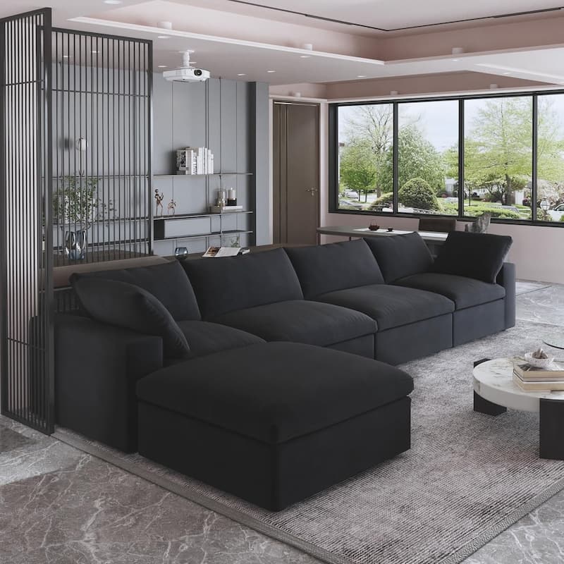 160.6" Modern Linen Sectional Sofa，4-seater Modular Couch with Storage Ottoman for Living Room.