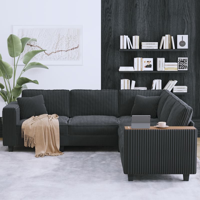 GDFStudio - Jackson Oversized L-Shaped Corduroy Corner Couch with Armrest Storage - Black