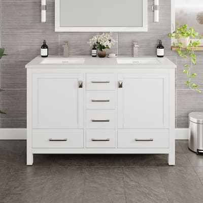 Eviva London 48 x 18 inch White Transitional Double Sink Vanity with White Carrara Marble and Undermount Porcelain Sinks - 48"