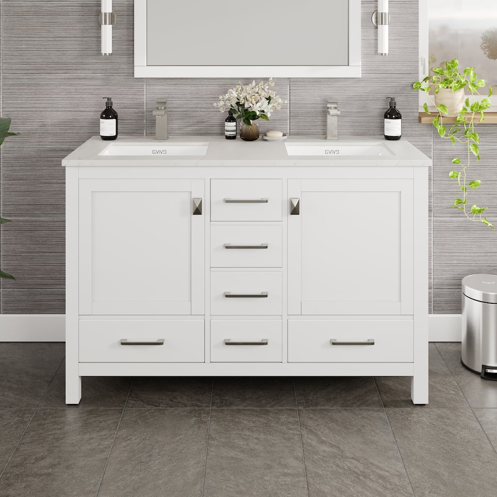 Eviva London 48 x 18 inch White Transitional Double Sink Vanity with White Carrara Marble and Undermount Porcelain Sinks - 48"