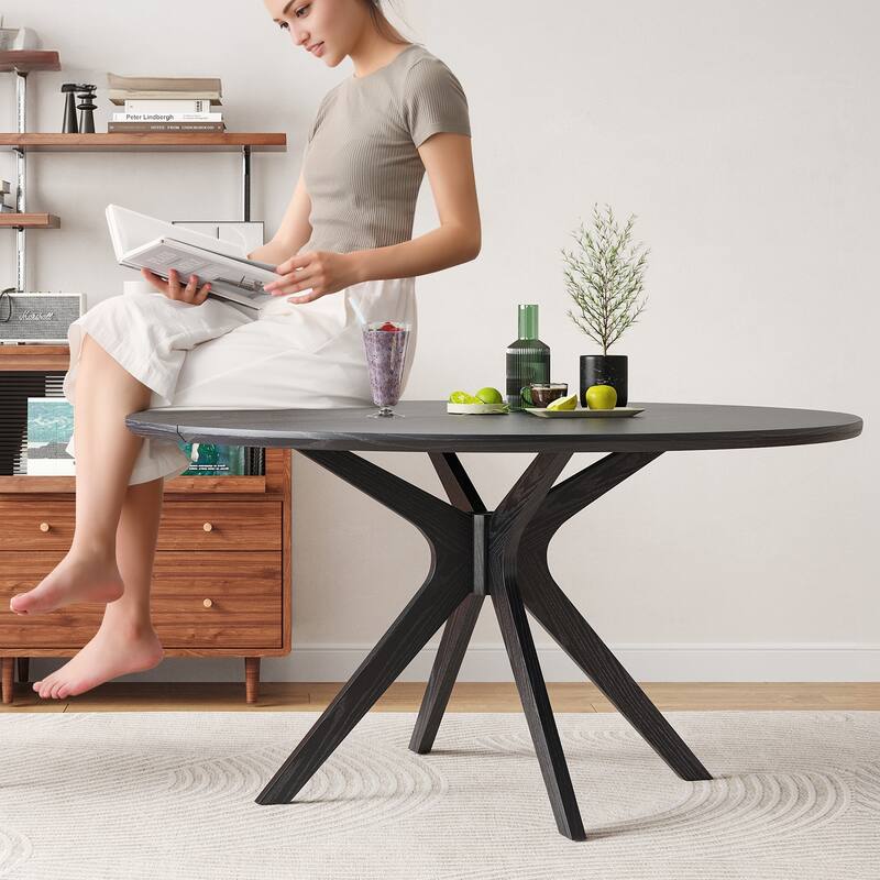 47.2" Solid Wood Round Dining Kitchen Table for 4-6 People with Intersecting Pedestal Base