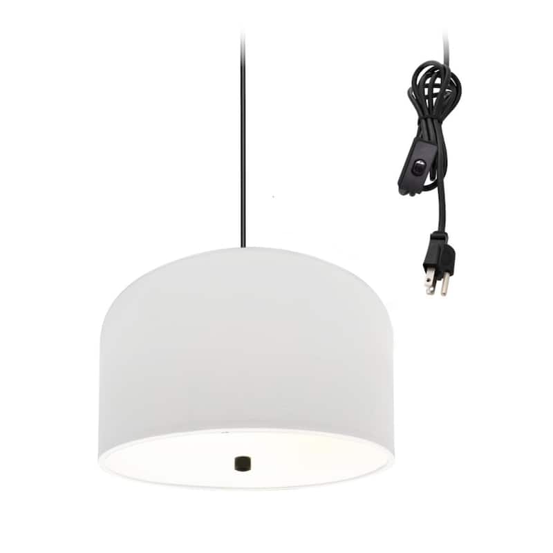 2 Light Swag Plug-In Pendant 14"w White Shade with Diffuser, Black Cord - N/A