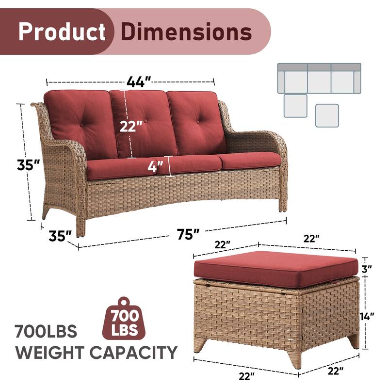Outdoor 3-Piece Sofa with Ottomans Yellow-Red - Yellow