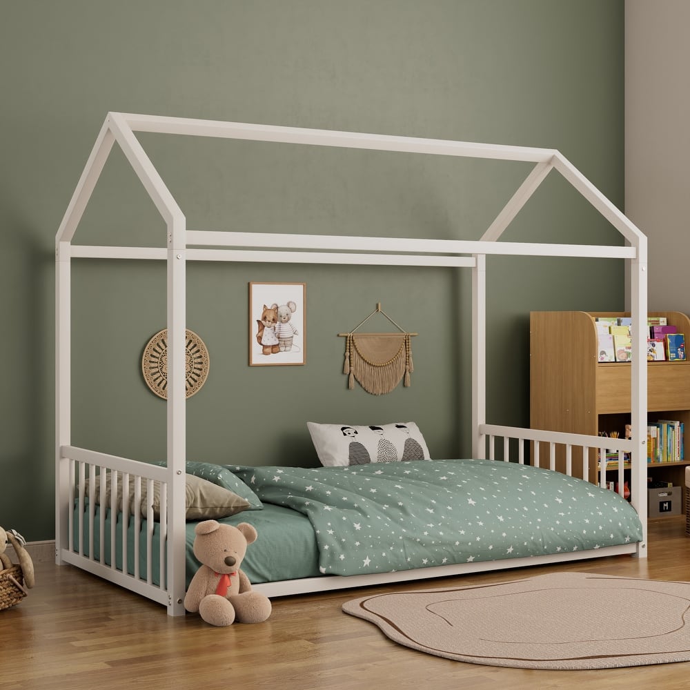 Montessori Metal House Bed with End Guardrails by Harper&Bright Designs