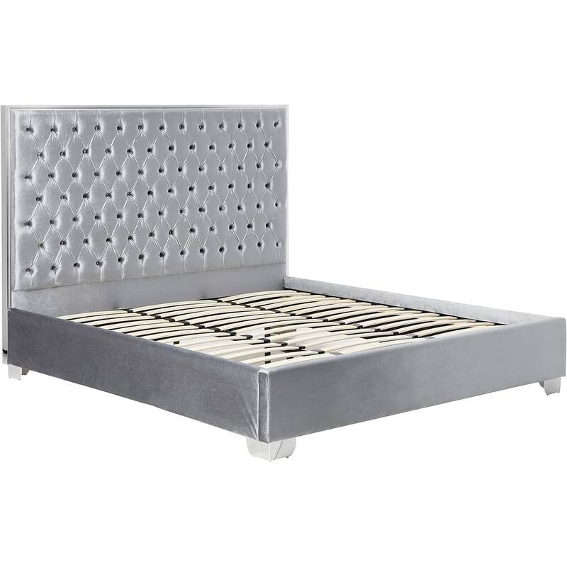 58.5 in.H Gray Wood Frame King Size Panel Bed with Velvet Upholstery Material and Bed Frame Mounted