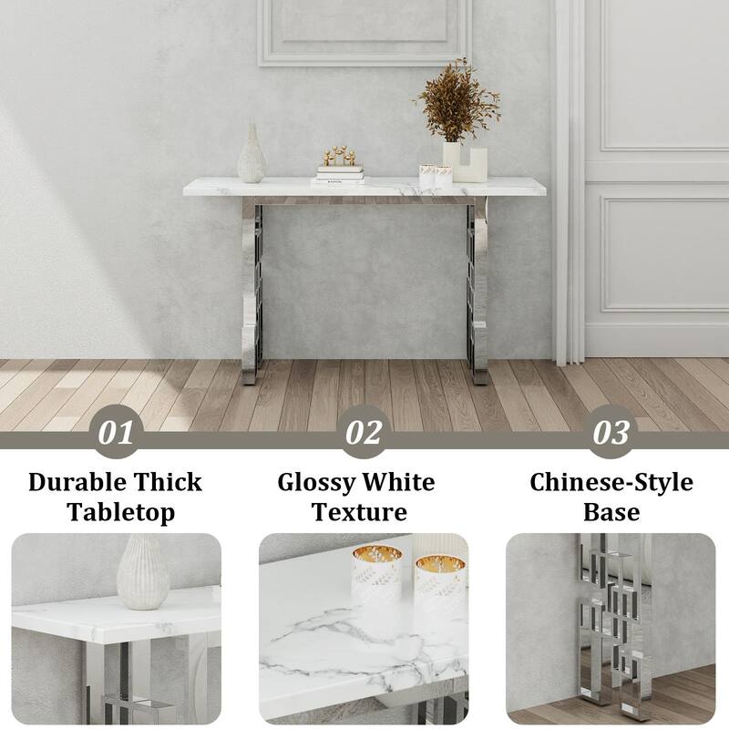 Modern Console Table 55 inch Sofa Table with High Gloss Top and Mirrored Metal Base for Entryway Living Room