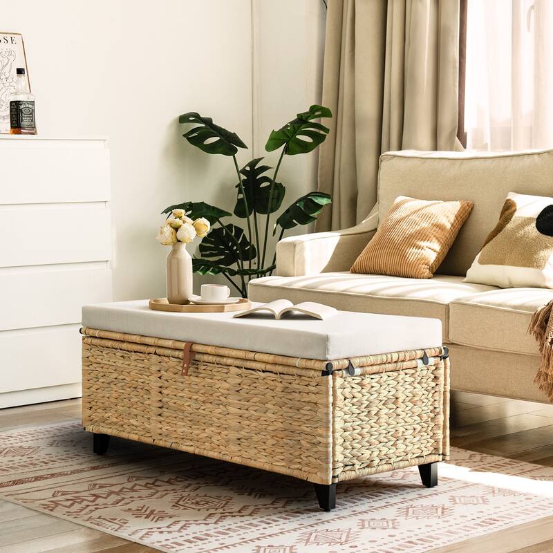 Wicker Storage Bench with Cushion for Bedroom, Living Room, Porch - 18.5'' H X 43.3'' W X 18.5'' D