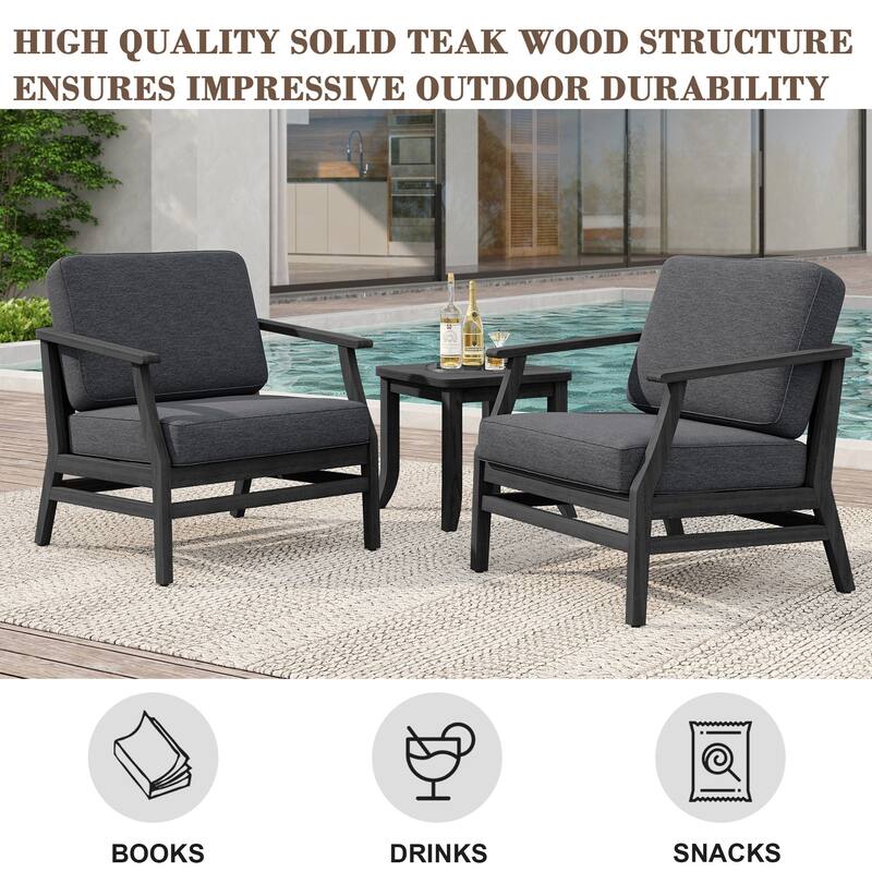 2 Set Patio Teak Wood Outdoor Chair and Side Table Set with Cushions