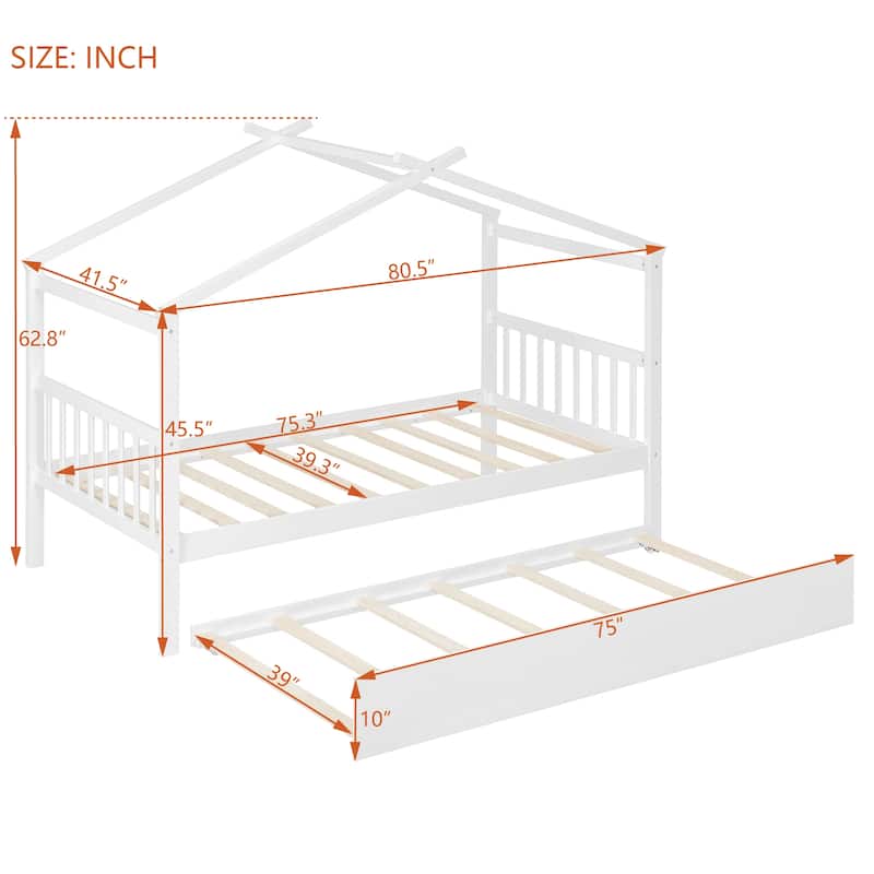 Kids Roof Platform Bed with Trundle, Twin Size House Bed Wooden Daybed Frame with Headboard and Bedtailboard for Boys, Girls
