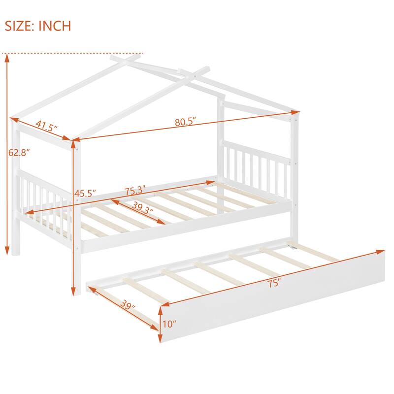 Solid Wood House Platform Bed Frame with Trundle Bed and Roof