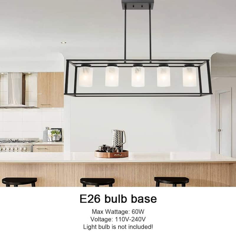 5-Light Industrial Dining Room Ceiling Lighting in Matte Black Finish with Glass Shade Classic Pendant Island Lighting Fixture
