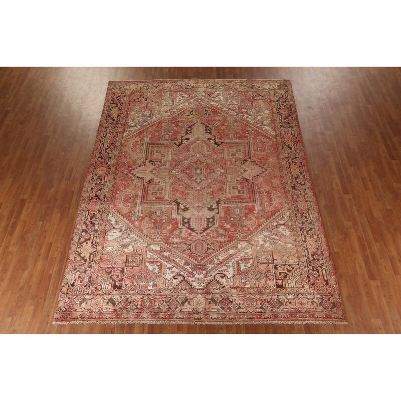 Red & Pink Geometric Heriz Persian Vintage Rug Handmade Wool Carpet - 8'5"x 11'5"
