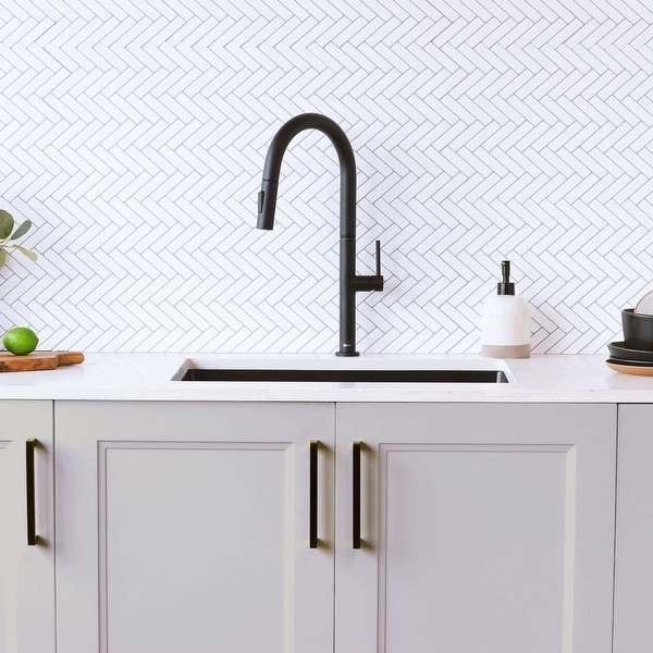 slide 2 of 18, STYLISH Stainless Steel Single Handle Pull Down Kitchen Faucet with Sprayer - Height: 17 1/4" Spout H: 9" Spout R: 9" Matte Black