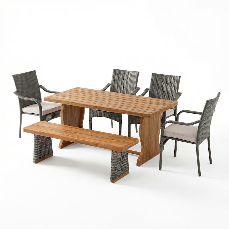 Christopher Knight Home - 6-Piece Outdoor Acacia Wood Dining Set with Iron Frame Stacking Chairs, Bench & Slat Dining Table