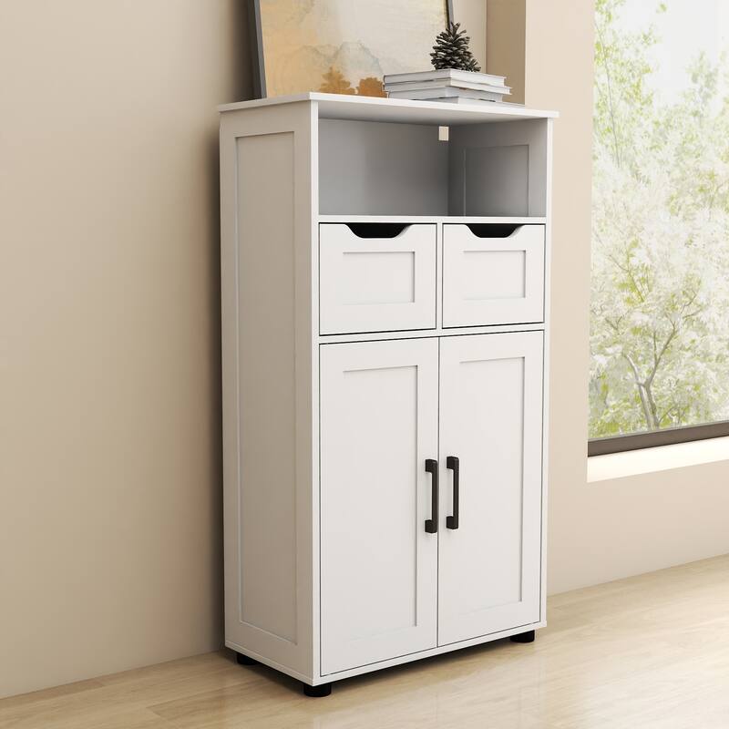 White Double Door Cabinet with Drawers Adjustable Shelves and Open Storage for Living Room Dining Room or Office
