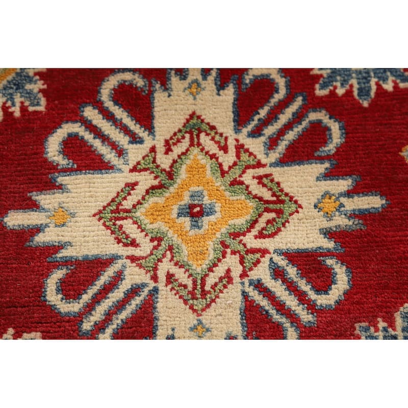 Geometric Red Kazak Oriental Foyer Rug Hand-Knotted Wool Carpet - 2'7" x 4'1"