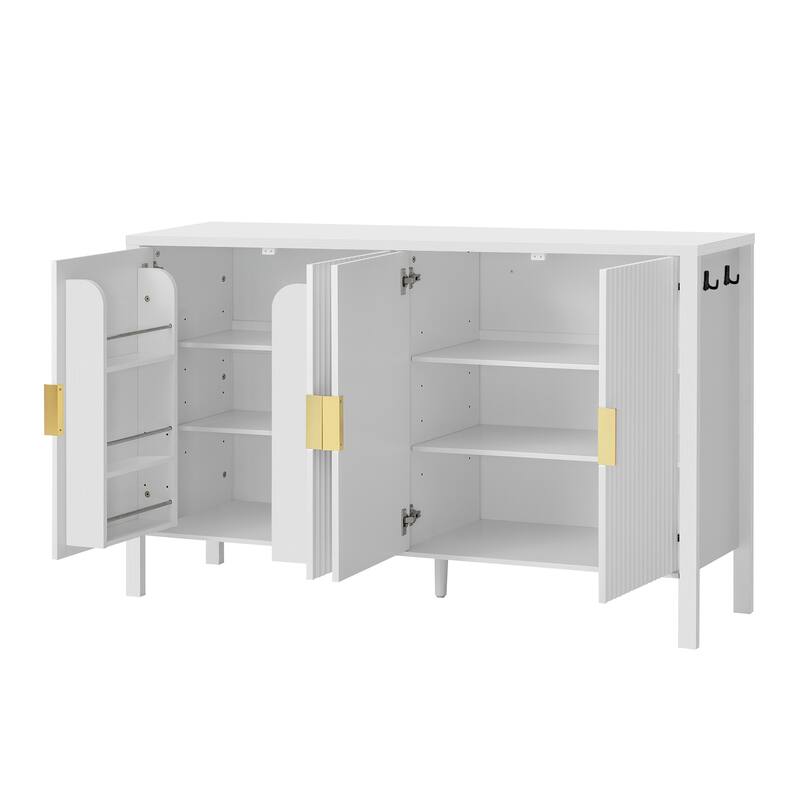 Storage Cabinet with 4 Stripe Door and Side Hooks, Buffet Cabinet Adjustable Shelves & Aluminum Handles for Living Room