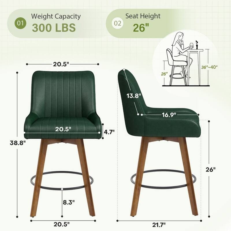 26" Upholstered Counter Height Swivel Bar Stool with Solid Wood Legs - 38.8"H x 20.5"W x 21.7"D