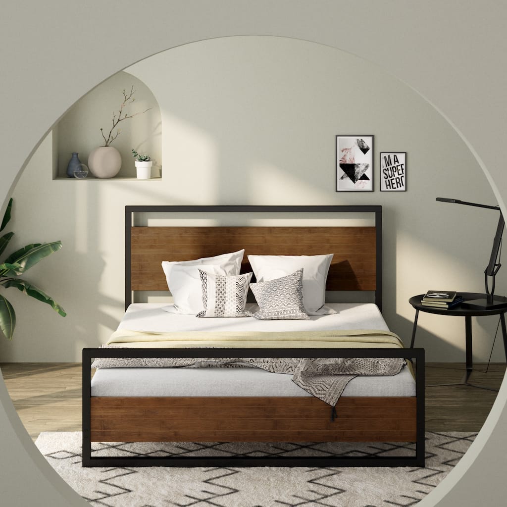 Priage by ZINUS Bamboo and Metal Platform Bed Frame with Headboard and Footboard - Brown