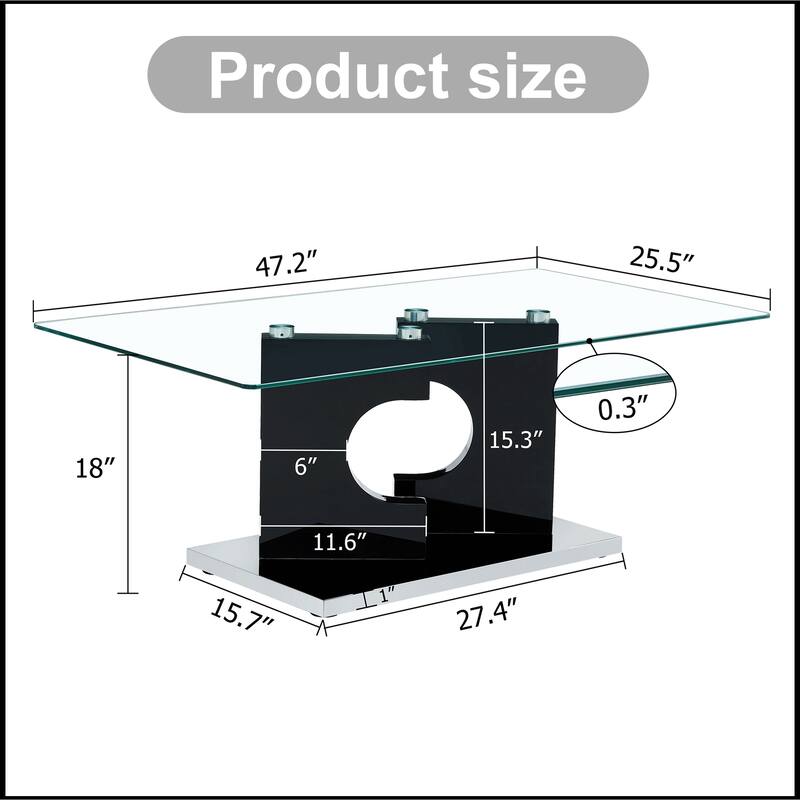 Rectangular Coffee Table with Tempered Glass Tabletop and White MDF Legs