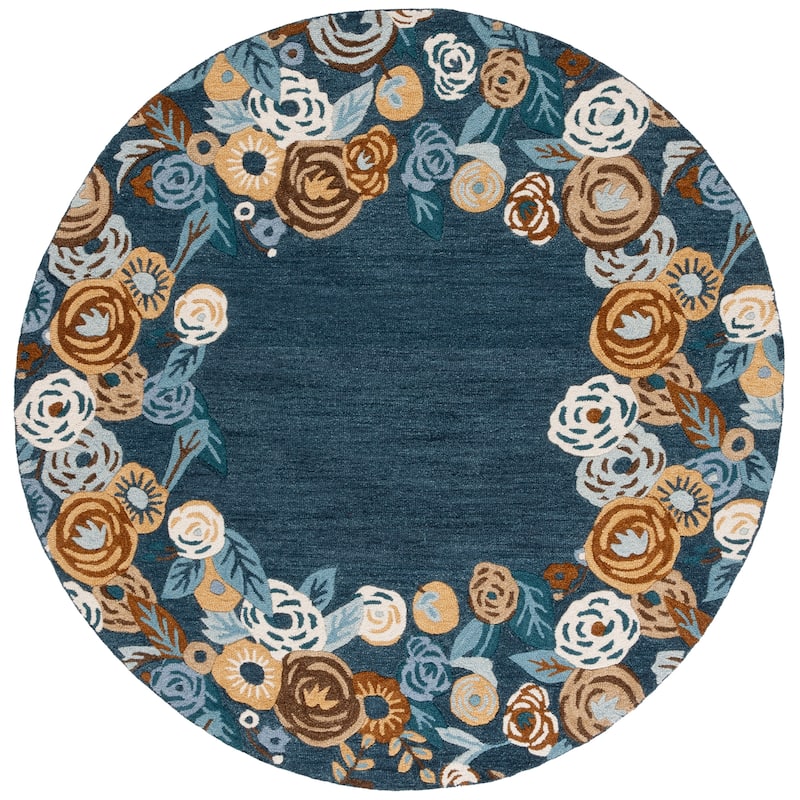 SAFAVIEH Handmade Chelsea Pietie French Country Floral Wool Rug - 6' Round - Blue/Ivory