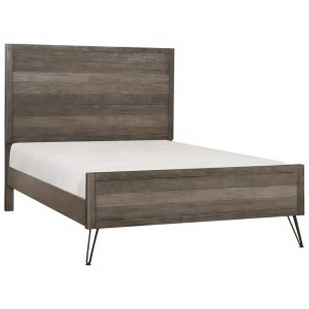 Modern Queen Bed, Panel Headboard and Footboard, Flared Metal Legs, Gray