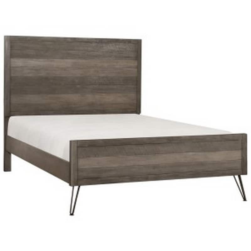 Modern Queen Bed, Panel Headboard and Footboard, Flared Metal Legs, Gray