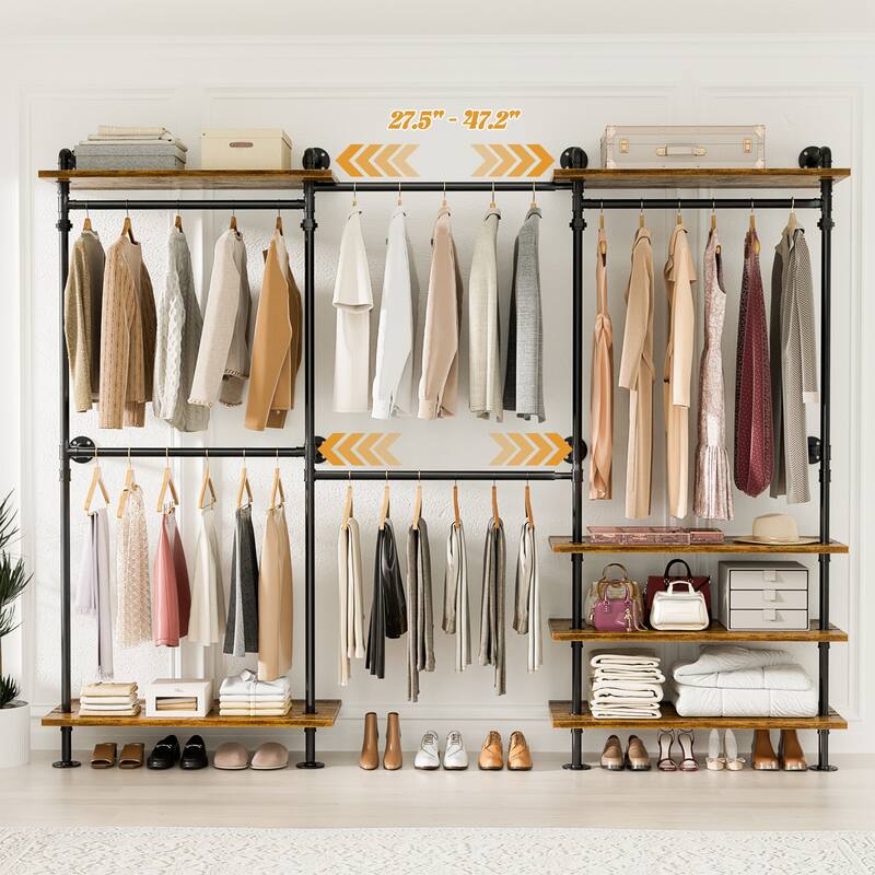 Expandable Industrial Pipe Clothing Rack with 6 Open Shelves,Adjustable Walk-in Closet Organizer System Garment Rack