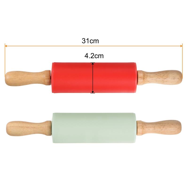 Silicone Rolling Pins for Baking Wood Handle 31cm x 4.2cm Red & Light Green - Red & Light Green - Red & Light Green