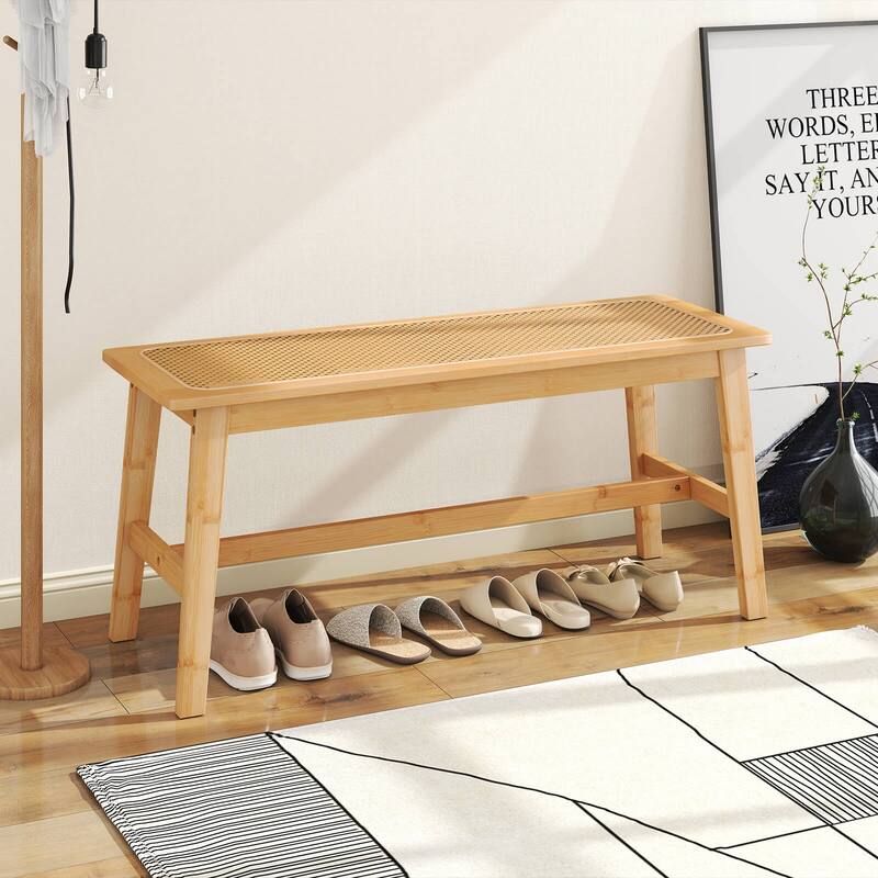 Costway 39.5” Bamboo Dining Bench with Handwoven Rattan Seat, Wooden - See Details