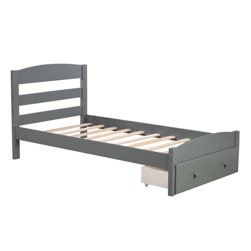 Platform Twin Bed Frame with Storage Drawer and Slat