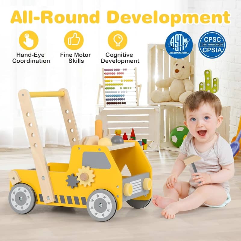 Baby Push Walker Wooden Toy Tool Bench & Car Walker w/Shape Sorter - Yellow + Gray
