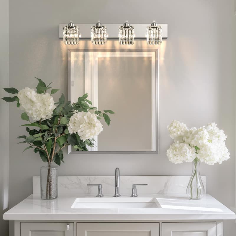 YANSUN 4-Light Vanity Light with Chrome Frame and Crystal Shades for Bathroom or Vanity