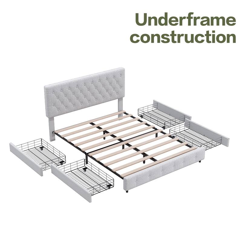 Linen Upholstered Headboard Bed Frame with Large Hidden Storage, 4 Underbed Drawers with Pulleys