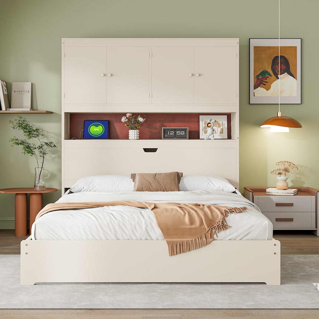 Full Size Wooden Platform Bed with Flip-Up Storage Headboard & Under-Bed Drawers, Space-Saving Bed Foundation with USB Ports