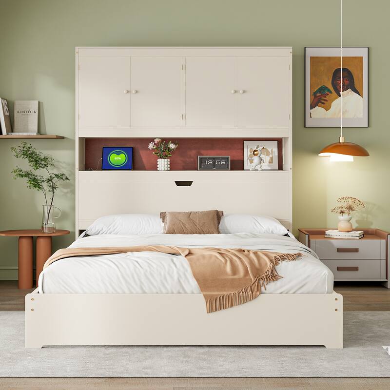 Full Size Wooden Platform Bed with USB, Storage Headboard & Drawers