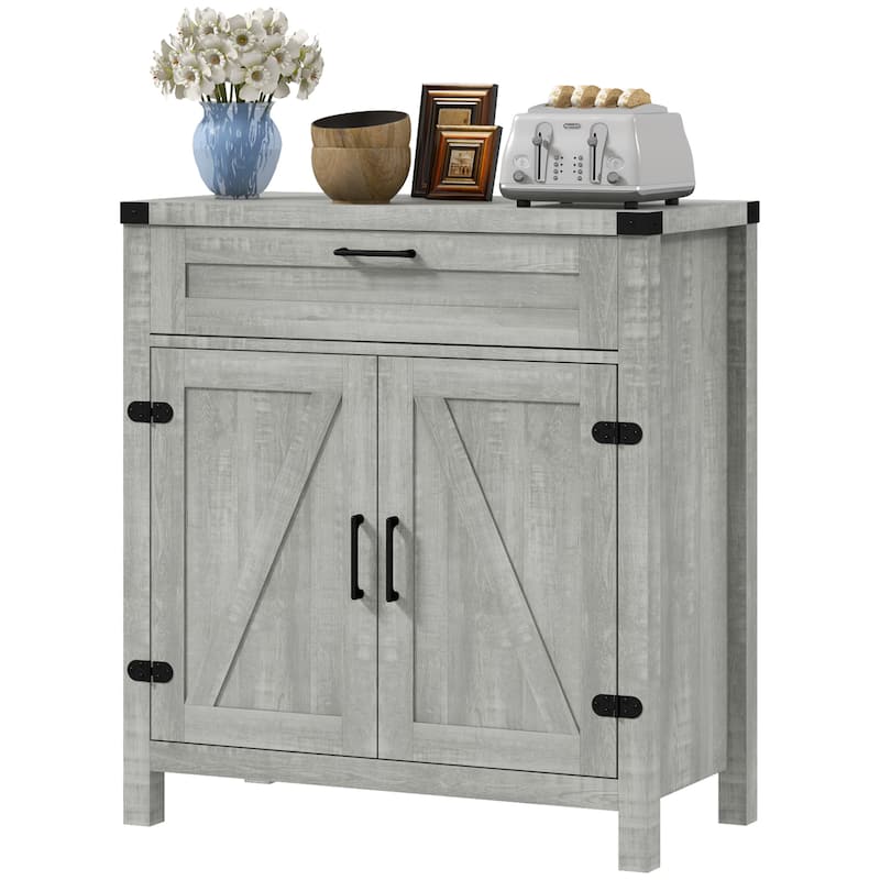Farmhouse Buffet Cabinet with 2 Barn Doors, Drawer and Adjustable Shelf for Kitchen - Stone Gray